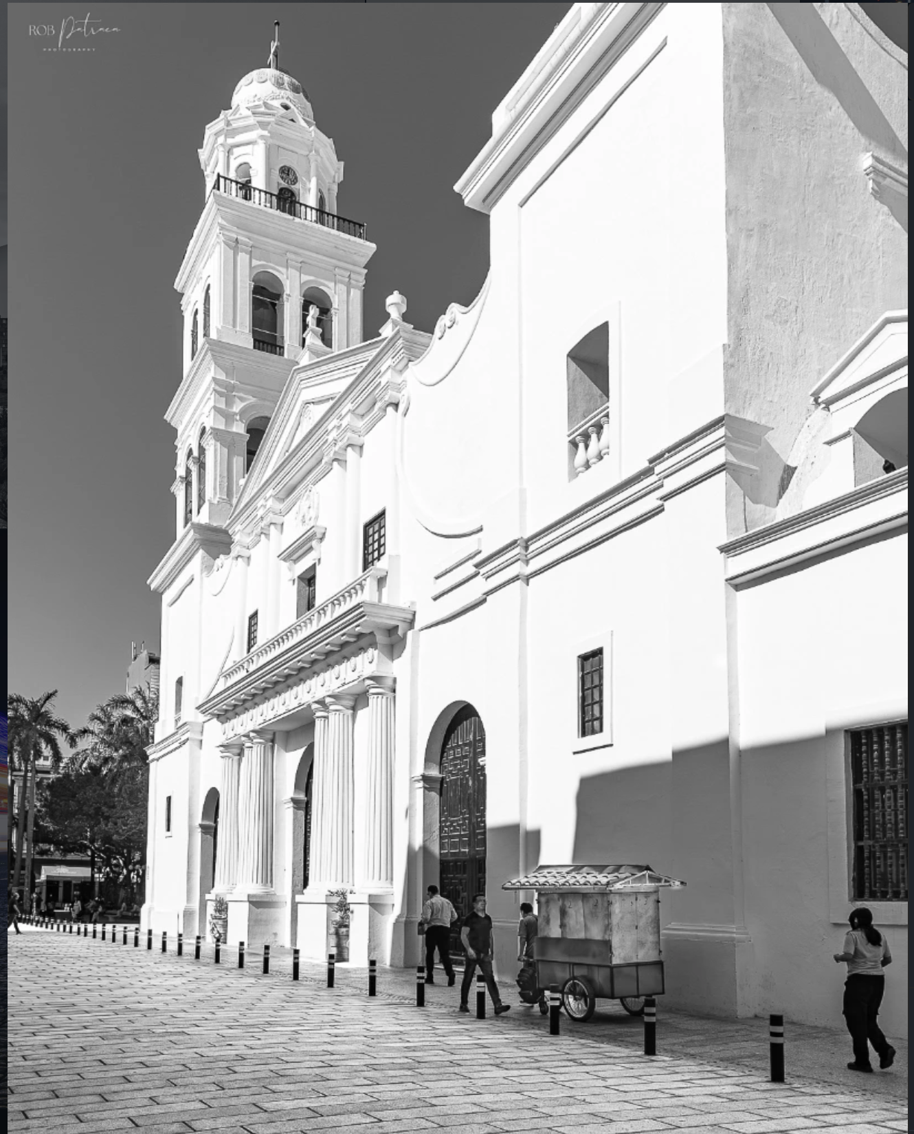 Colonial church tower in black and white